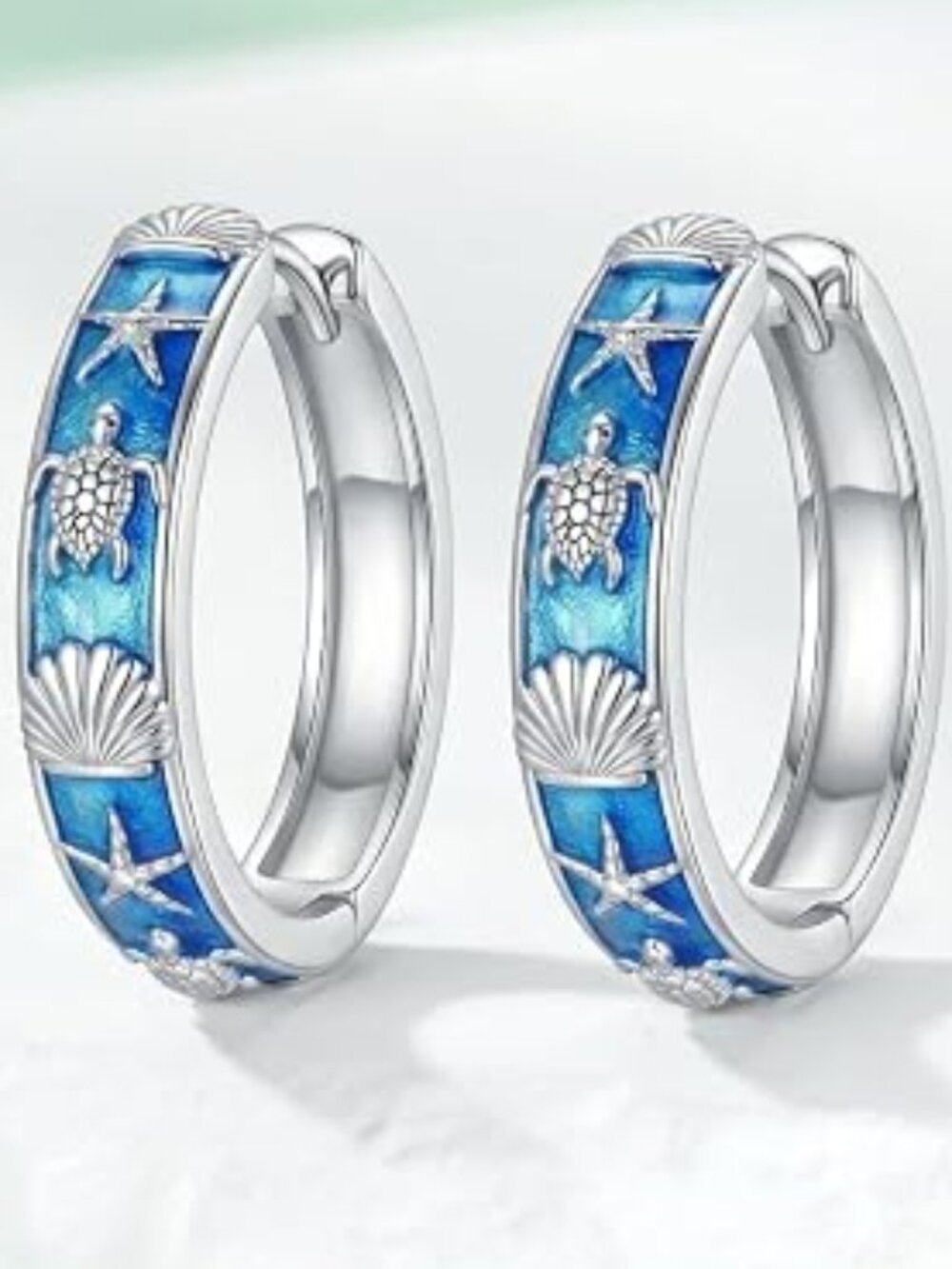 Turtle Starfish Shell 18K White Gold Hoops Huggie Earrings NWT